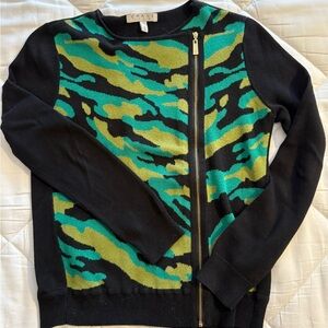 Chaus Black Sweater with Camouflage Accent and Asymmetrical Gold Zipper, Small